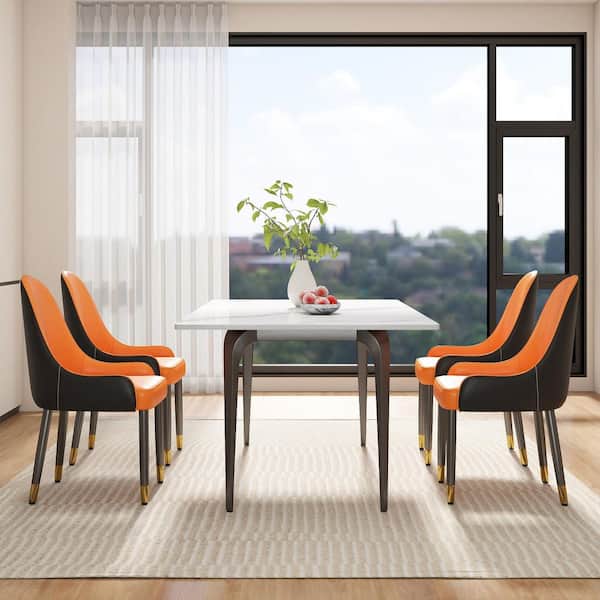 Set of 6 Ergonomic PU Leather Dining Chair Morden Desk Chair with Solid Wood Metal Legs and Backrest, Orange