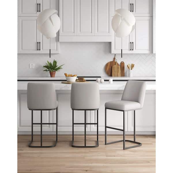 Manhattan Comfort Serena Modern 29.13 in. Light Grey Metal Bar Stool with Faux Leather Upholstered Seat (Set of 3)