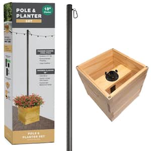 10 ft. Premium String Light Pole and Extra Large 18 in. Natural Wooden Planter Box Set