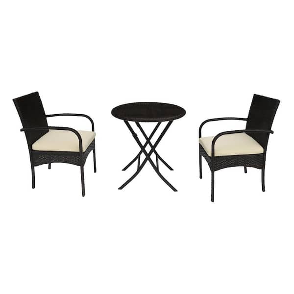 Sudzendf Brown 3-Piece Wicker Outdoor Bistro Set with Beige Cushion