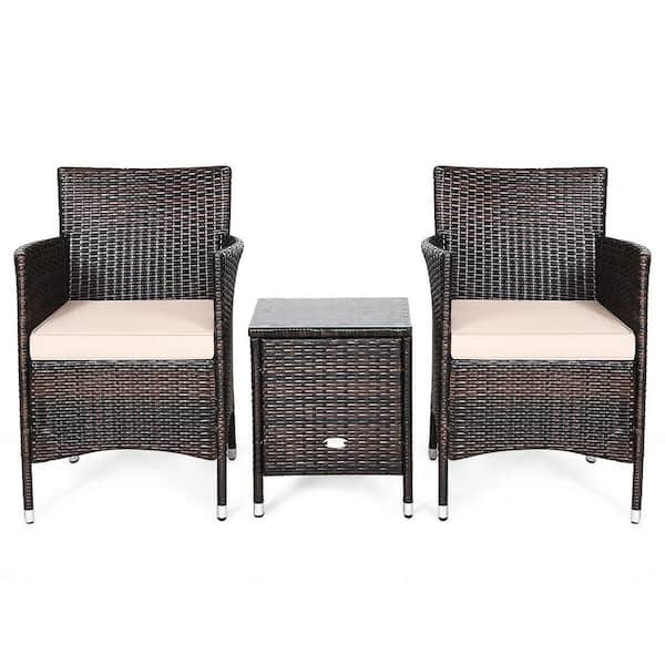 ANGELES HOME 3-Piece PE Rattan Wicker Patio Conversation Set with Beige Cushions