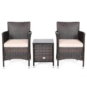 3-Piece Wicker Patio Conversation Set with Beige Cushions