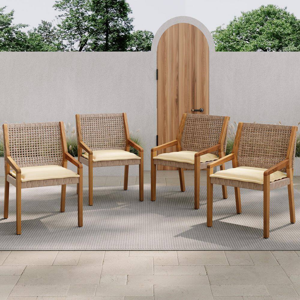 6-Piece Brown Acacia Wood and Wicker Outdoor Dining Chair with Cream Beige Cushions price history on PriceWatchPro
