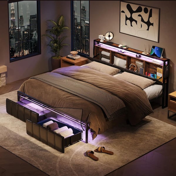 Bestier Brown Metal Frame Queen Size Platform Bed with Charge