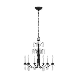 Shannon 26 in. W x 27 in. H 6-Light Aged Iron Indoor Dimmable Medium Chandelier with Glass Crystal Drops