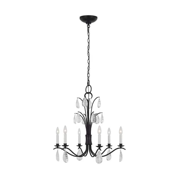 Generation Lighting Shannon 26 in. W x 27 in. H 6-Light Aged Iron Indoor Dimmable Medium Chandelier with Glass Crystal Drops