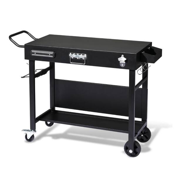 Portable 4-Wheel Collapsible BBQ Prep Table Black Outdoor Grill Carts