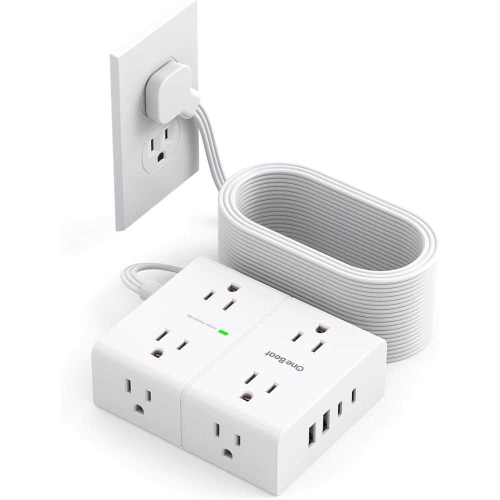 15-Ft Flat Plug Surge Protector Power Strip, Long Extension Cord with 8 Wid