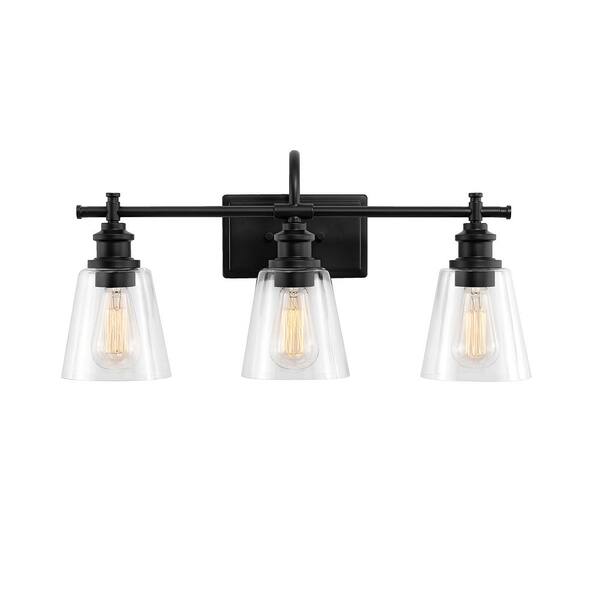 KAWOTI 24 in. 3-Light Matte Black Vanity Light with Clear Glass Shade ...