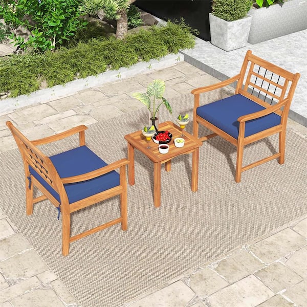 Costway 3-Piece Acacia Wood Outdoor Bistro Set with Coffee Table for Porch and Navy Cushions