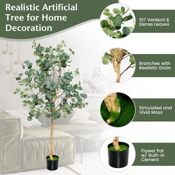 Costway 5 . 5 FT Artificial Tree Fake Eucalyptus Tree for Living ...