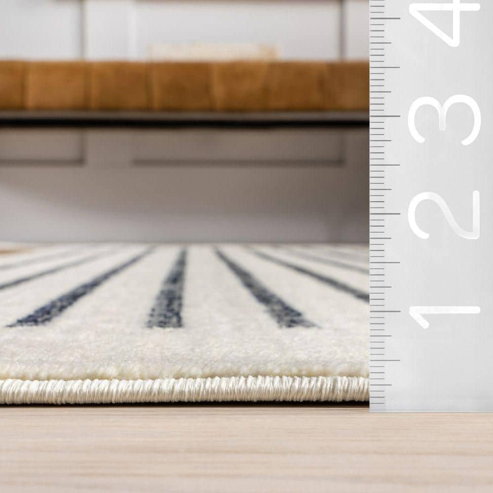 Keeva Modern Striped Fringe Beige and Black Synthetic Area Rug 8' x 10'