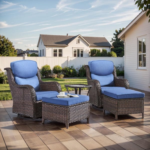 moosprr Luxury Brown Swivel Glider Wicker Patio Conversation Set with Blue Olefin 5 in. Thick Cushions/Ottoman (5-Piece)