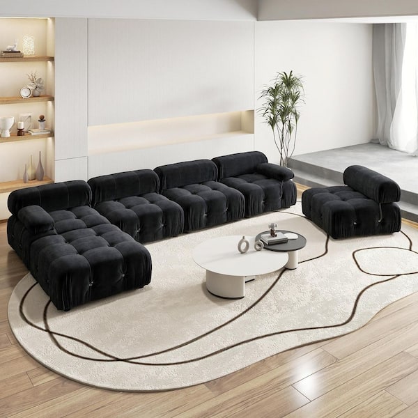 Chameleon 138 in. Square Arm 6-piece Modern Velvet Modular Combination Sectional Sofa Living Room with Ottoman in Black