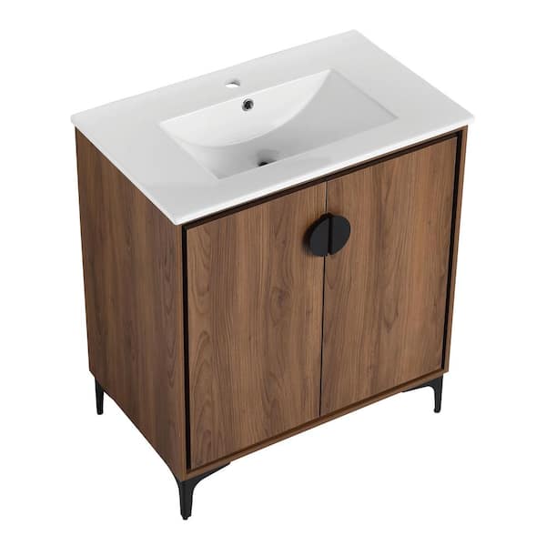 FUNKOL 18.31 in. W x 30 in. D x 33.86 in. H 1-Sink Freestanding Bath Vanity in Brown with White Ceramic Top