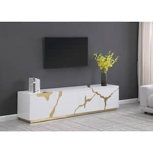 Sanford 87 in. White High Gloss with Gold Accent Modern TV Stand