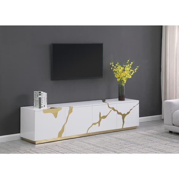 Best Master Furniture Sanford 87 in. White High Gloss with Gold Accent Modern TV Stand