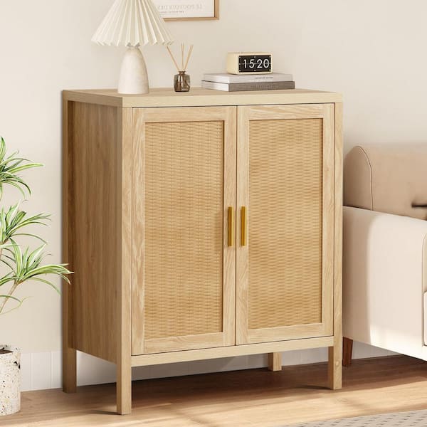 ATHMILE Natural Wooden 29 in. W 2-Door Carved Rattan sideboard Buffet Cabinet with adjustable shelves
