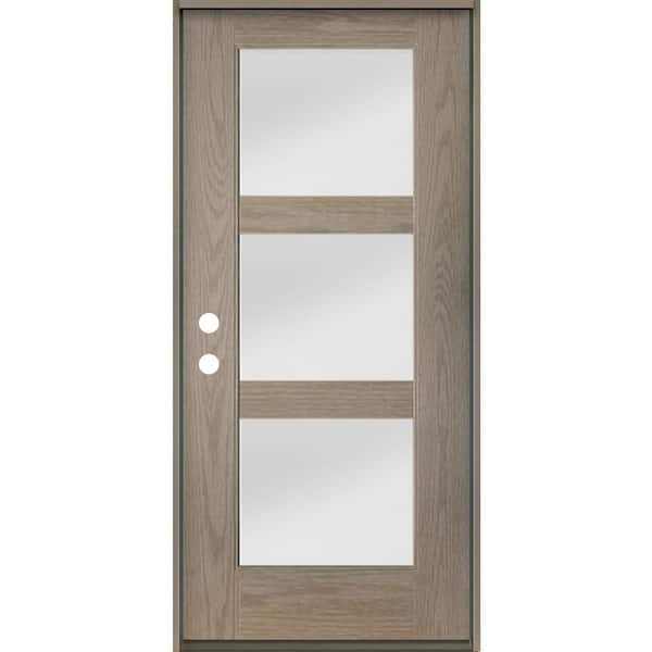 Krosswood Doors BRIGHTON Modern 36 in. x 80 in. 3-Lite Right-Hand/Inswing Satin Glass Oiled Leather Stain Fiberglass Prehung Front Door