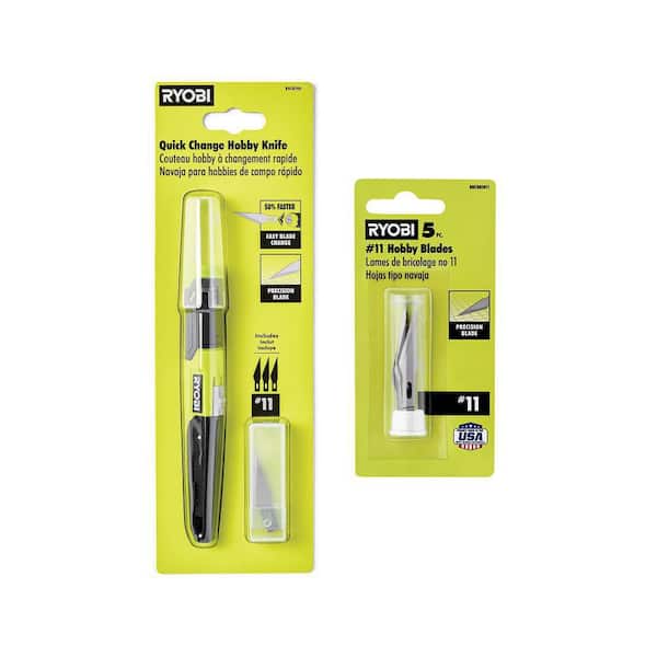 Ryobi Quick Change Hobby Knife with #11 Steel Precision Hobby Knife Replacement Utility Knife Blades (5-Piece)