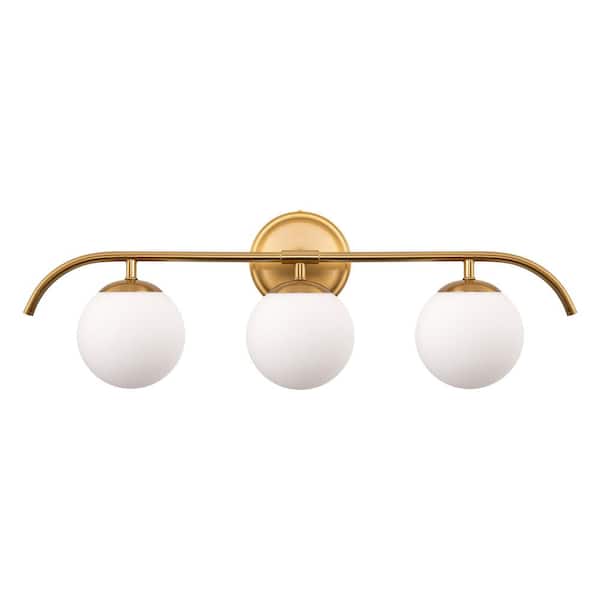 YANSUN 24 in. 3-Light Brass Vanity Light Fixture with Frosted Glass Globes Modern Wall Sconce for Bathroom, Mirror, and Hallway
