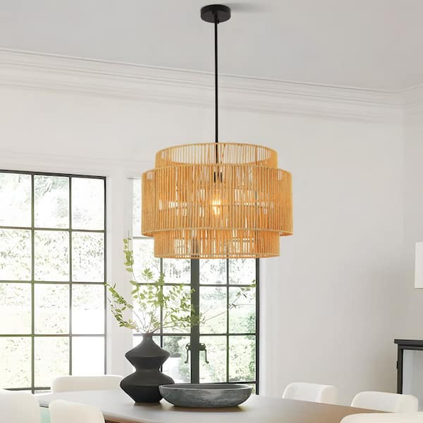 1-Light 3-Tier Black Pendant Light w/Rattan Shade Hand-Woven Ceiling Light Fixture Chandeliers