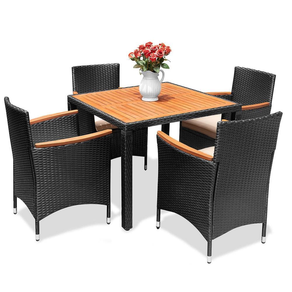5-Piece Acacia Wood and Wicker Outdoor Dining Set with Beige Cushions price history on PriceWatchPro
