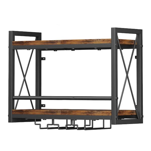 16.85in. H x 23.62in. W 6-Bottle Black Wood-Metal Wall Mounted Wine Rack with Glass Holder for Kitchen Dining Room