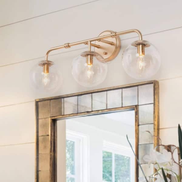Uolfin Modern Linear Vanity Light, 3-Light Gold Bathroom Wall Sconce with Globe Seeded Glass Shades