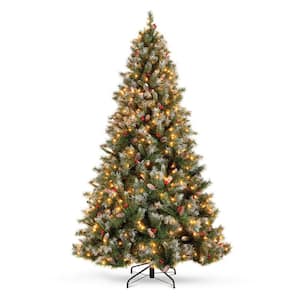 7.5 ft. Flocked Pre-Lit Pine Artificial Christmas Tree with 550 Incandescent Warm White/Clear Lights, Pine Cones, Berry