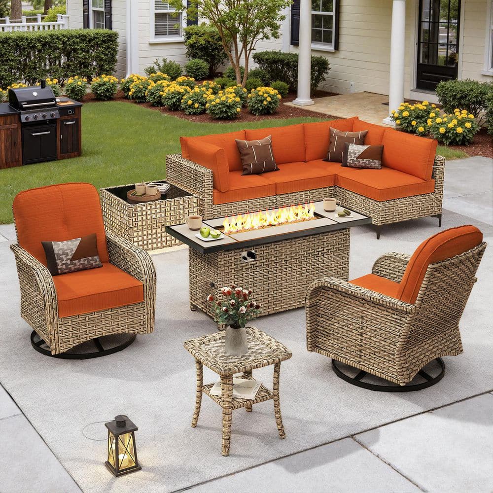 Solvoc 9-Piece Wicker Outdoor Patio Conversation Set with 54 in. Fire Pit Table, Stripe Red Cushions and Swivel Chairs