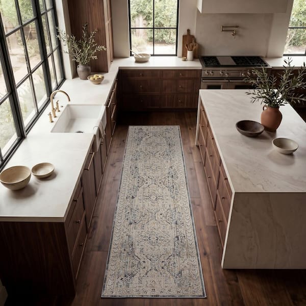 Nyle Ivory Charcoal 2 ft. x 8 ft. Vintage Persian Kitchen Runner Area Rug