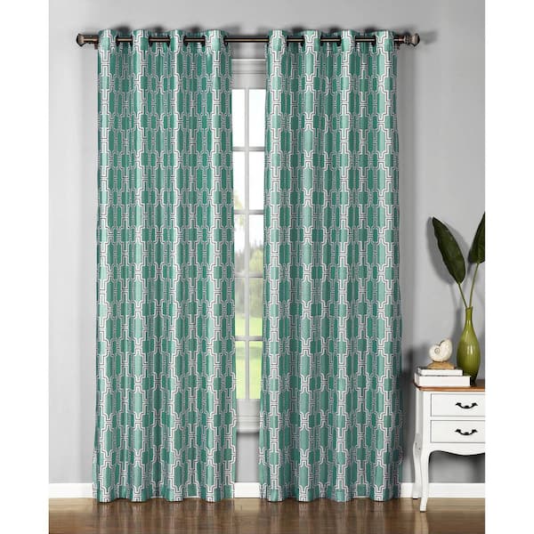 Window Elements Teal Geometric Faux Silk Grommet Room Darkening Curtain - 54 in. W x 96 in. L