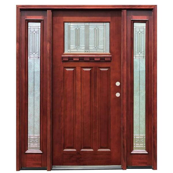 Pacific Entries 66in.x80in. Craftsman 1 Lt Stained Mahogany Wood Prehung Front Door w/Dentil Shelf 6 in. Wall Series & 12 in. Sidelites