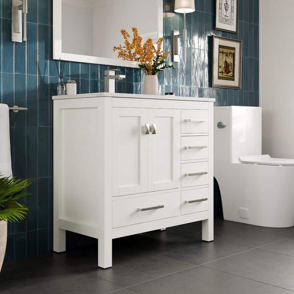 White 36" Freestanding Bathroom Vanity with Quartz Top