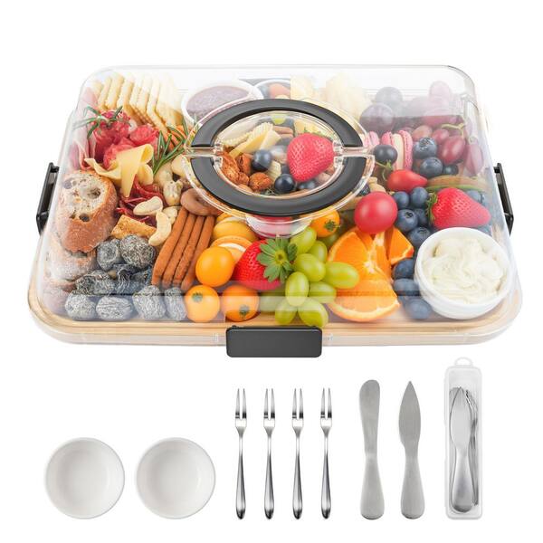 Charcuterie Board with Lid and Handle, Portable Travel Design Bamboo Cheese Board with Knife Set