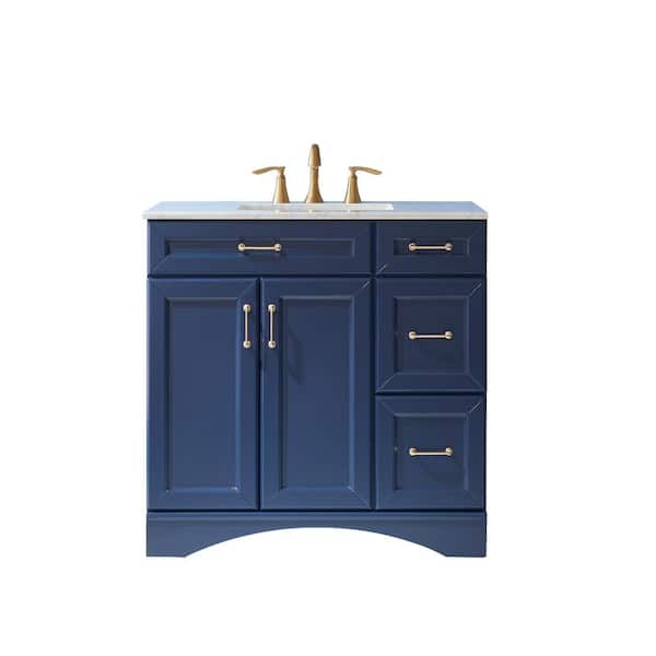 ROSWELL Naples 36 in. W x 22 in. D x 35.9 in. H Bath Vanity in Royal Blue with Carrara White Marble Vanity Top with Basin