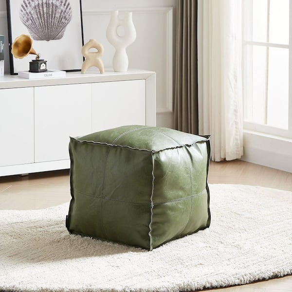 Square Green Faux Leather Upholstered Pouf Ottoman Cover