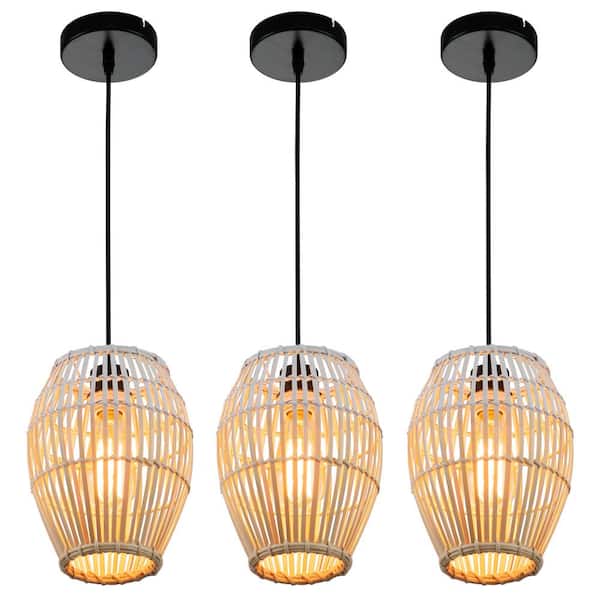 C Cattleya 3-Pack White and Natural Bamboo Pendant Light