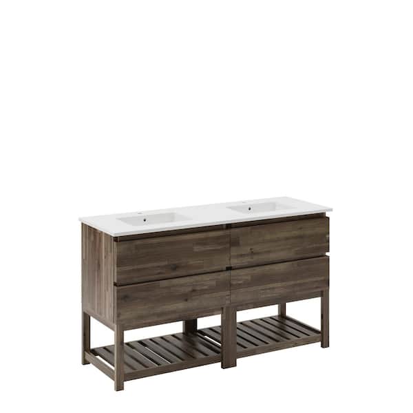 Fresca Formosa 60 in. Double Sink Freestanding Open Bottom Acacia Bath Vanity with White Quartz Top and Undermount Ceramic Sink