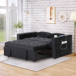 55.3 in. Square Arm Velvet Rectangle Sofa with Cup Holder and USB Port in Black