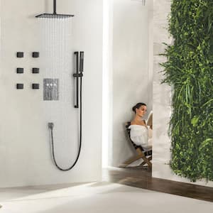 Thermostatic Single-Handle 3-Spray Patterns 12 in. Ceiling Mount Rainfall Shower Faucet in Matte Black (Valve Included)