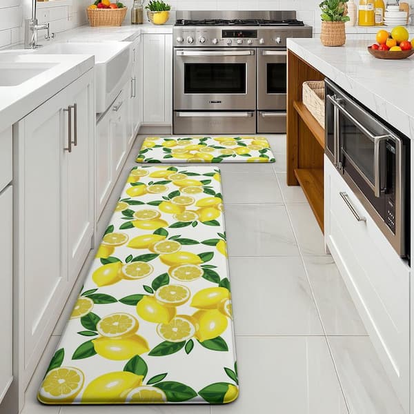 Cushioned Anti Fatigue Kitchen Mats Non Slip Indoor Set of 2 White Lemon (17.3 in. x 29 in. + 17.3 in. x 47 in.)
