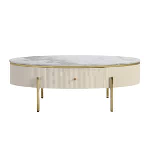 47.2 in. Off White Oval MDF Marble Pattern Coffee Table with 2-Drawers