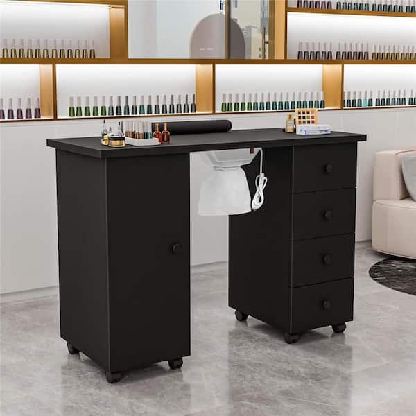 42.5 in. Rectangular Black MDF 4-Drawer Manicure Table Nail Desk with Cabinet, Doors, Electric Dust Collector