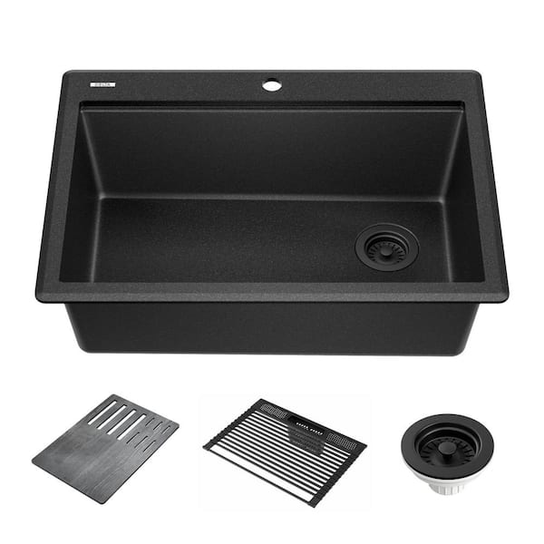 Delta Everest Black Granite Composite 30 in. Single Bowl Drop-In Workstation Kitchen Sink with Accessories