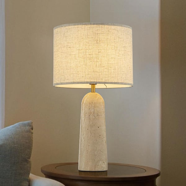 ALOA DECOR 21 in. 1-Light Classic Table Lamp with Natural Travetine Stone Base and Beige Fabric Drum Shade