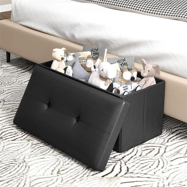 Black Rectangle Folding Storage Ottoman Upholstered Footstool PVC Leather 22.5 Gallon