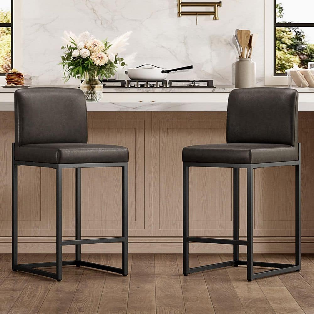 PHI VILLA 35.2 in. Gray Rectangular Cushion Bar Stool with Back and ...