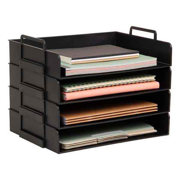 Black 10 in. W x 10.75 in. H, Plastic Stackable Paper Tray, Desktop Organizer, File Storage, 4 Pieces